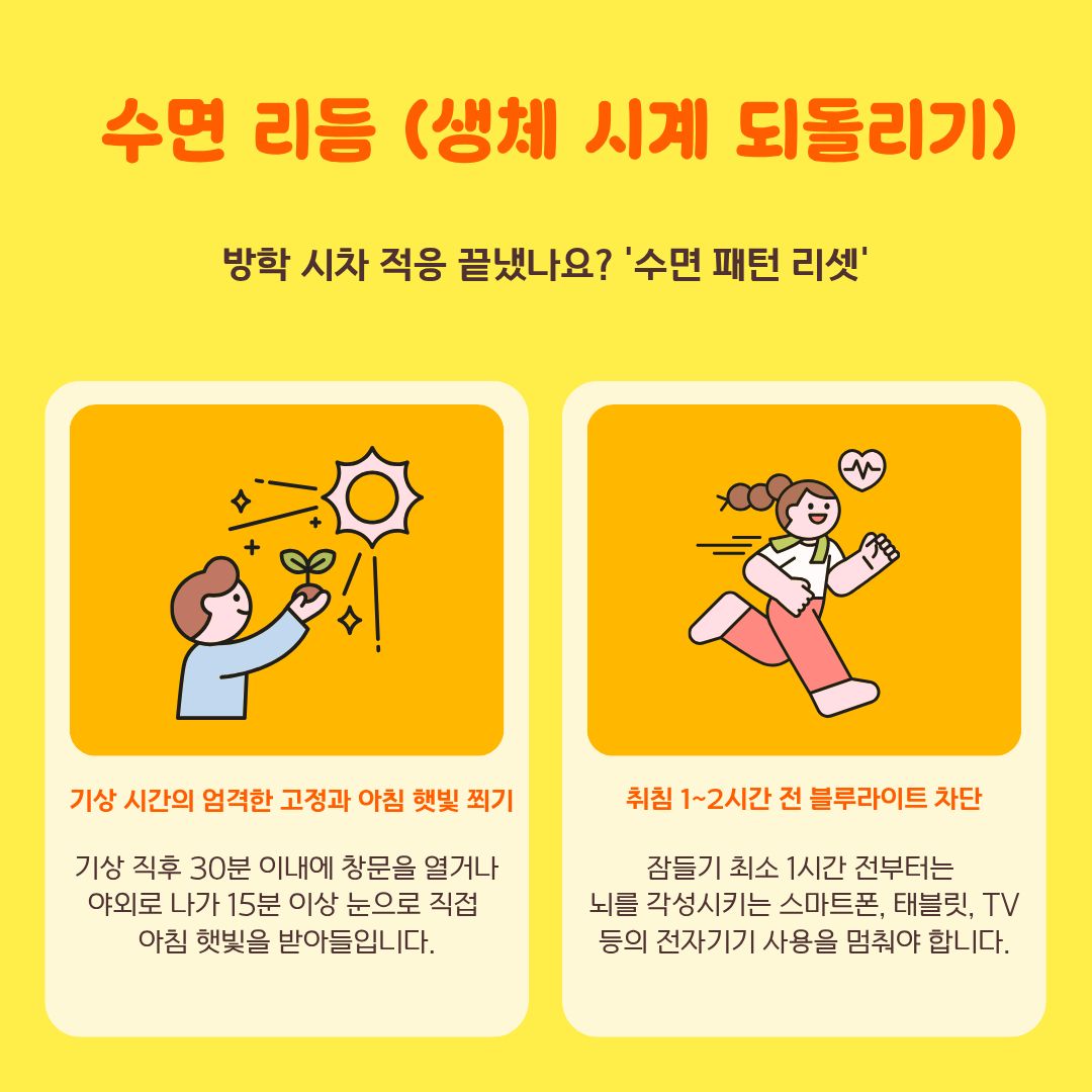 수면 리듬 새학기 건강의 첫 단추는 망가진 수면 리듬을 바로잡는 것입니다. 방학 내내 새벽에 잠들던 '올빼미족' 생활을 청산하기 위해서는 강제적인 리셋이 필요합니다. 가장 핵심적인 비법은 '기상 시간의 엄격한 고정과 아침 햇빛 쬐기'입니다. 전날 아무리 늦게 잤더라도 정해진 시간에 눈을 뜨고, 기상 직후 30분 이내에 창문을 열거나 밖으로 나가 최소 15분 이상 아침 햇빛을 직접 눈으로 받아들여야 합니다. 이 빛이 뇌의 송과선을 자극해 생체 시계를 정상화합니다. 또한, 취침 1~2시간 전부터는 뇌를 각성시켜 멜라토닌 분비를 방해하는 스마트폰이나 태블릿 등 전자기기의 블루라이트를 철저히 차단하는 결단이 필요합니다.