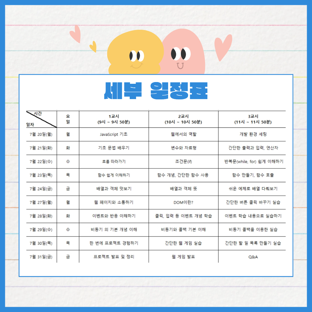 자바스크립트 프로그래밍 기초과정 세부 일정표