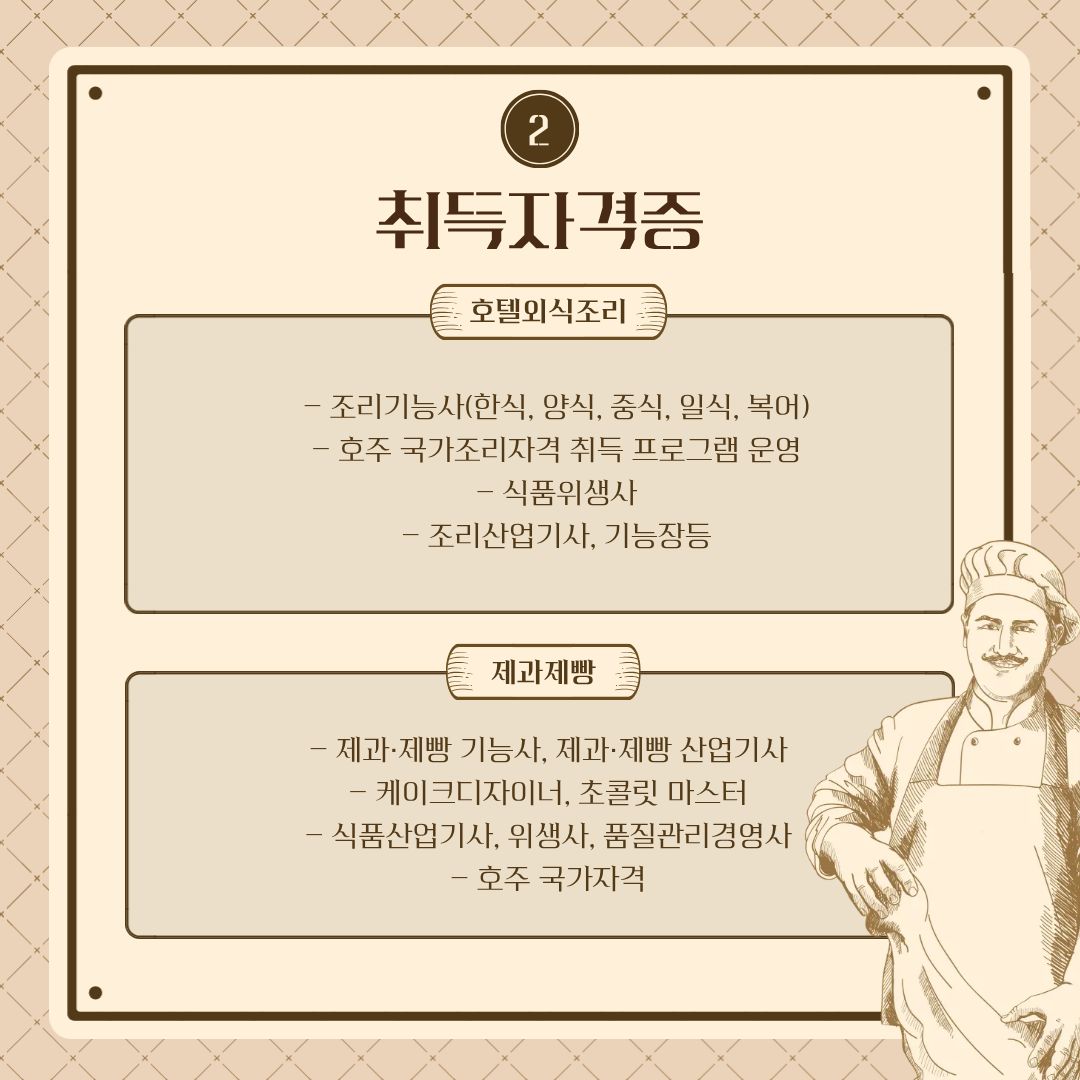 호텔외식조리전공에서는 다양한 자격증을 준비할 수 있다는 점도 특징입니다. 대표적으로 한식&middot;양식&middot;중식&middot;일식&middot;복어 조리기능사를 비롯해 조리산업기사와 조리기능장 등의 자격증을 준비할 수 있으며, 호주 국가조리자격 취득 프로그램도 운영하고 있습니다. 또한 식품위생 관련 역량을 갖추기 위한 식품위생사 관련 교육도 진행하고 있습니다. 이러한 자격과 실무 경험은 학생들이 졸업 후 자신의 관심 분야에 맞는 진로를 선택하는 데 도움이 될 수 있습니다.  제과제빵전공에서는 제과&middot;제빵 기능사와 제과&middot;제빵 산업기사뿐만 아니라 케이크디자이너, 초콜릿 마스터, 식품산업기사, 위생사, 품질관리경영사 등의 자격증을 준비할 수 있습니다. 또한 호주 국가자격 취득도 가능해 국내뿐만 아니라 해외 제과제빵 분야로 진출하고자 하는 학생들에게도 다양한 선택지를 제공하고 있습니다.