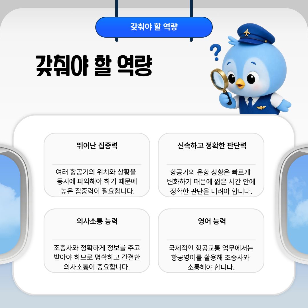 갖춰야 할 역량 이 직업을 수행하기 위해서는 다양한 역량이 필요합니다. 먼저 여러 항공기의 상황을 동시에 파악해야 하기 때문에 높은 집중력이 중요합니다. 또한 항공기의 위치와 상황이 빠르게 변할 수 있으므로 짧은 시간 안에 상황을 파악하고 정확하게 판단하는 능력이 필요합니다. 조종사와 정확하게 정보를 주고받아야 하기 때문에 명확한 의사소통 능력과 항공영어 능력도 갖추어야 합니다. 무엇보다 항공기의 안전과 직결되는 업무인 만큼 자신의 판단과 행동에 책임을 질 수 있는 책임감과 예상하지 못한 상황에서도 침착하게 대응할 수 있는 상황대처 능력이 중요합니다.