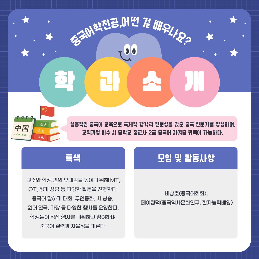 중국어학전공은 세계화와 정보화 시대를 이끌어갈 국제적 감각과 실용적인 능력을 갖춘 중국 전문가를 양성합니다. 학생들은 중국어 회화와 작문, 시청각 중국어 등을 학습하며 실질적인 의사소통 능력을 기릅니다. 또한 중국의 역사와 사회, 문화, 문학에 관한 수업을 통해 중국을 폭넓게 이해하고 국제적인 시야를 넓힐 수 있습니다. 중국어학전공의 특징 중 하나는 학생들이 직접 참여하고 운영하는 다양한 활동입니다. 중국어 말하기 대회, 구연동화, 시 낭송, 원어 연극, 가창 등의 행사를 중국어로 진행하며, 학생들은 활동을 기획하고 실행하는 과정에서 언어 능력과 협업 역량을 함께 기릅니다. 교수와 학생 간의 유대감을 형성하기 위한 MT, OT, 정기 상담 등도 운영됩니다. 또한 교직과정을 이수하면 중등학교 정교사 2급 중국어 자격증 취득이 가능합니다. 졸업 후에는 중국과의 교류가 필요한 기업과 무역 분야 등 다양한 영역에서 활동할 수 있습니다. 중국어 능력과 중국 문화에 대한 이해를 바탕으로 국제사회에서 활약하고 싶은 학생들에게 좋은 선택이 될 수 있습니다.